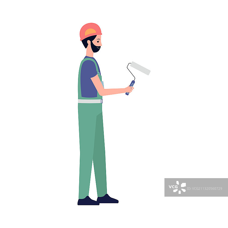手持油漆滚筒的建筑工人卡通墙绘图片素材