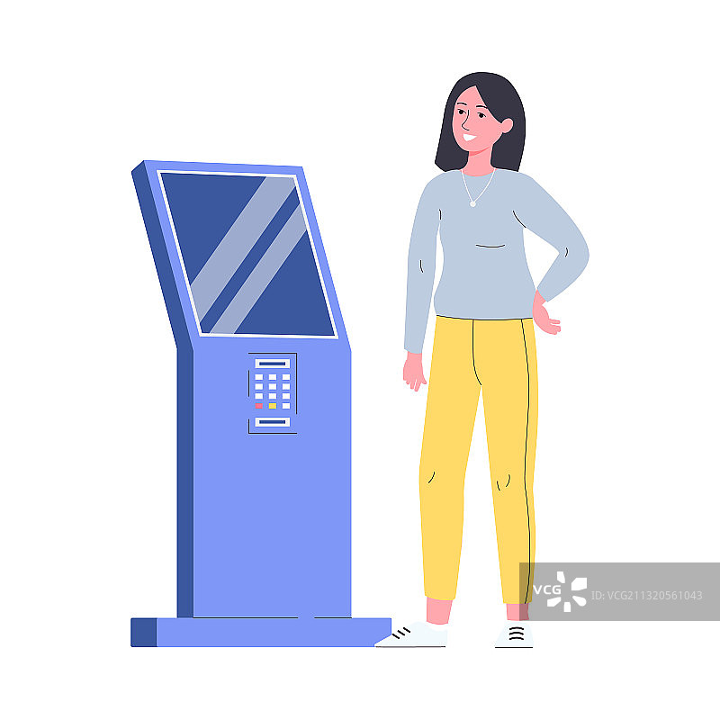 扁平风格女人角色使用交互终端图片素材