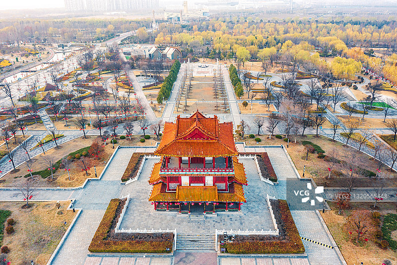 山东省济宁市太白湖旅游景区北湖阁航拍黄昏风光图片素材