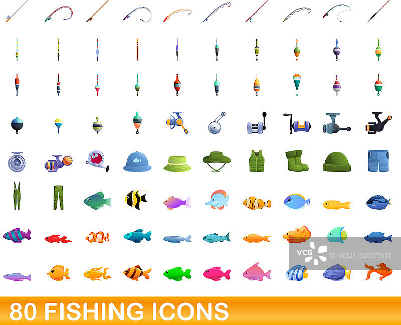 80个卡通风格钓鱼图标图片素材