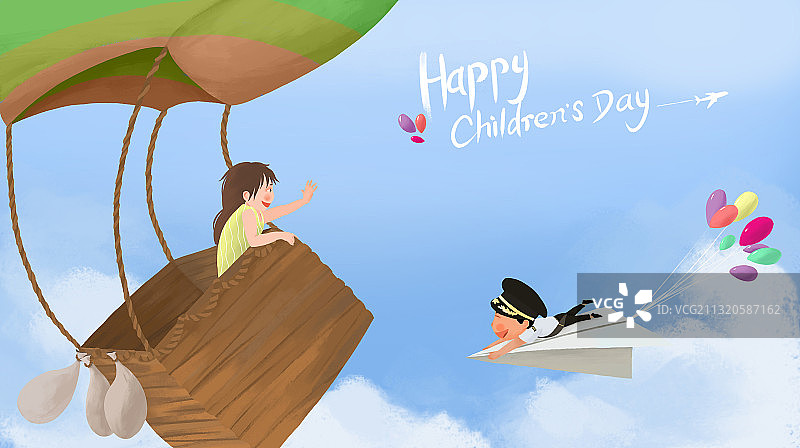 坐热气球的女孩和驾驶纸飞机的男孩图片素材