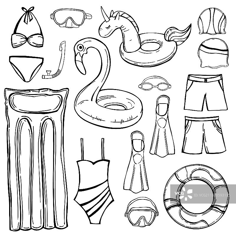 手绘游泳配件脚蹼眼镜图片素材