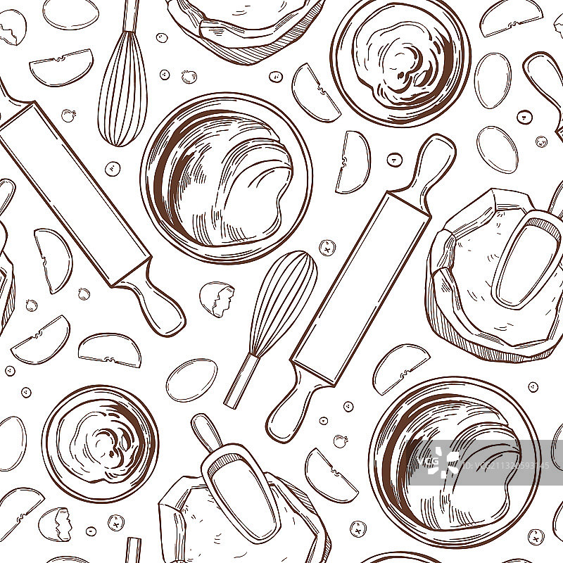 白色背景上手绘烘焙馅饼的厨具图片素材