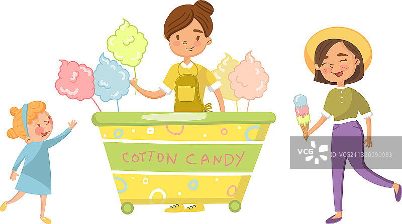 孩子角色购买棉花糖，女孩正在吃图片素材