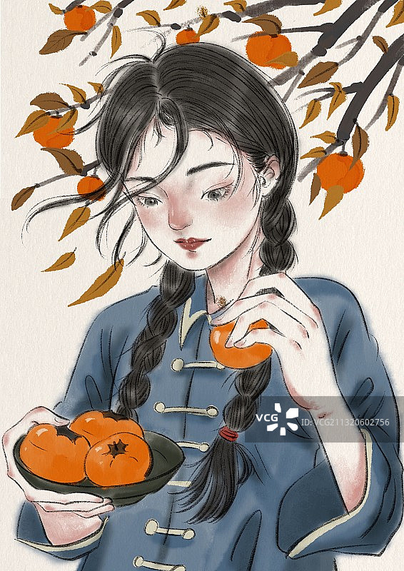 拿柿子的女孩图片素材