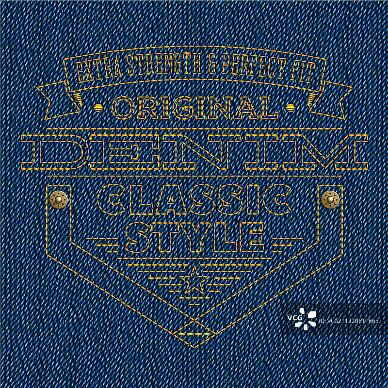 蓝色牛仔纹理背景上的刺绣徽章图片素材