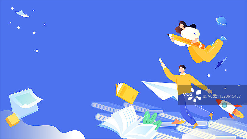男女学生在书本上飞翔矢量插画横图图片素材