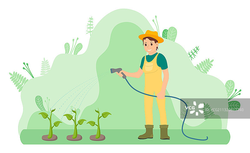 园丁女孩用喷雾软管浇灌植物图片素材