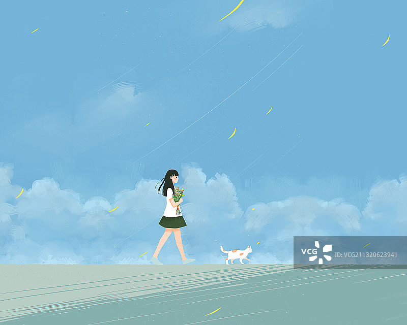 宁静的夏天在散步的女孩和猫咪图片素材
