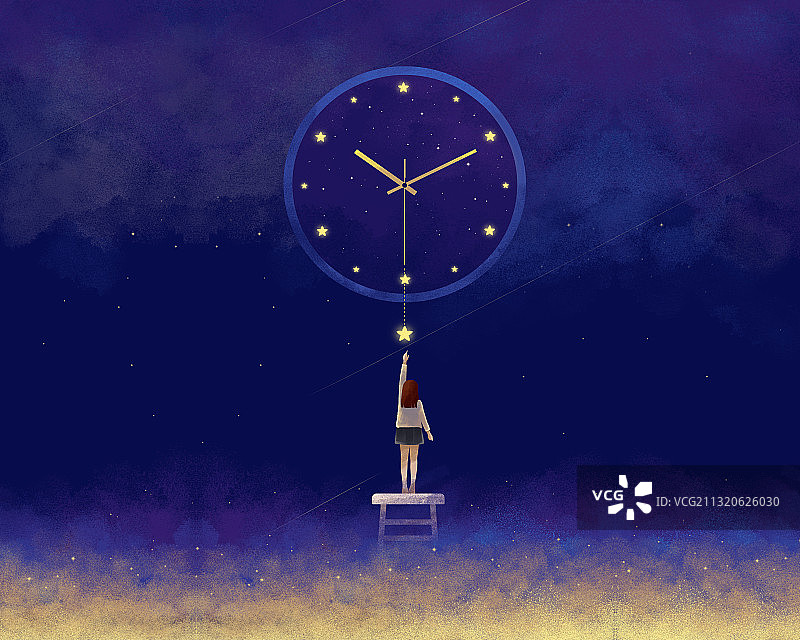 深蓝色夜空中的钟表和女孩图片素材