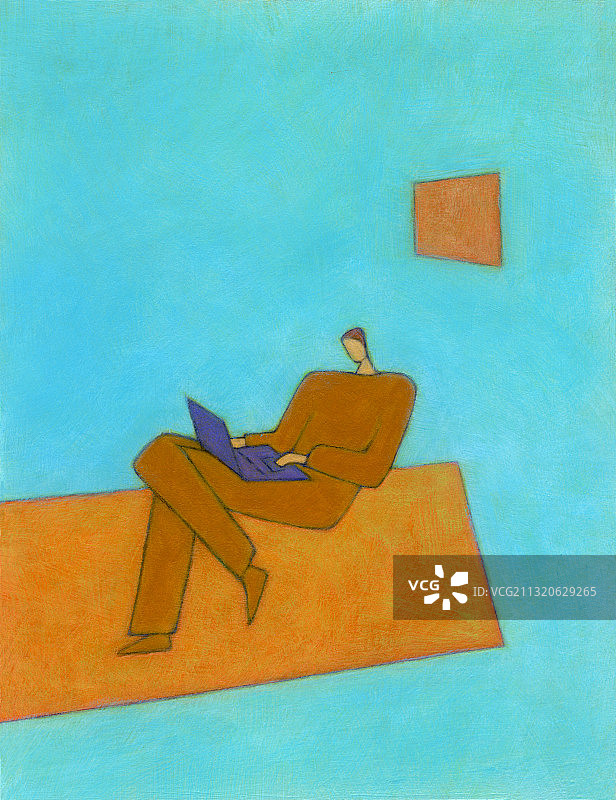 男人坐在橙色地毯上的棕色扶手椅上插画图片素材
