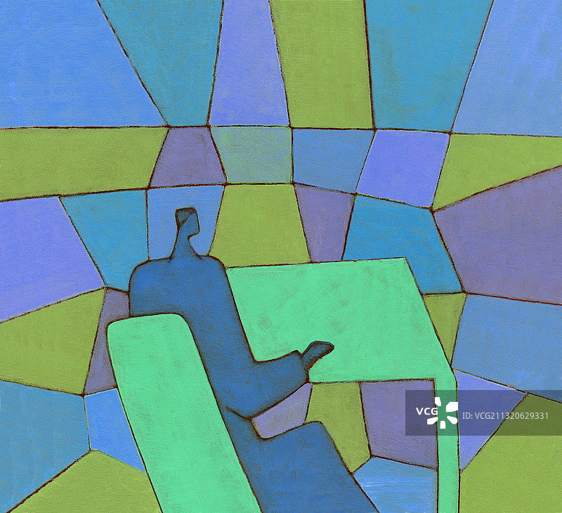 男子坐在几何房间里，插图图片素材