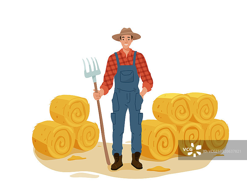 农民角色使用草叉和干草图片素材
