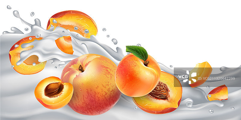 酸奶或牛奶波浪上的杏子和桃子图片素材