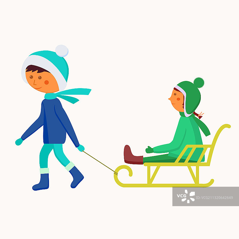 儿童滑雪，男孩用雪橇带着女孩图片素材