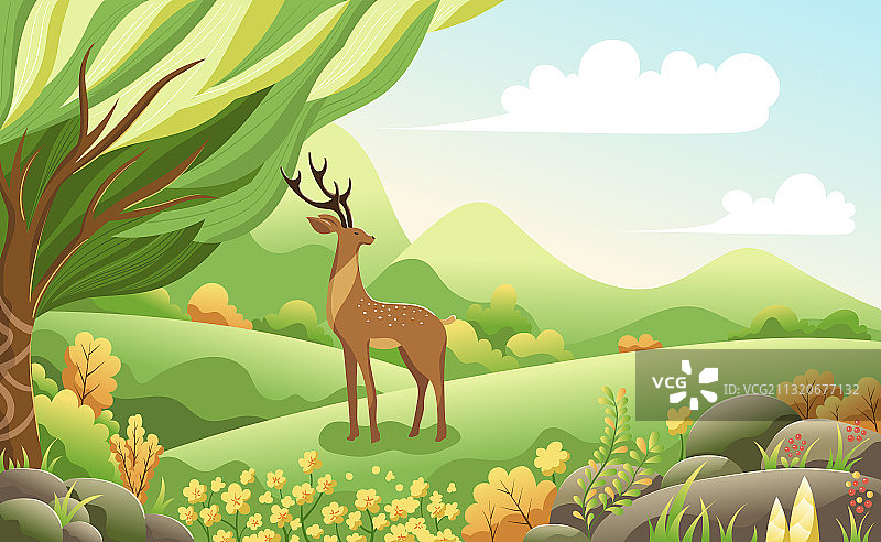 春天户外田园风光和鹿矢量插画图片素材