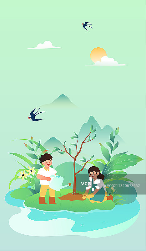 小孩植树节插画图片素材