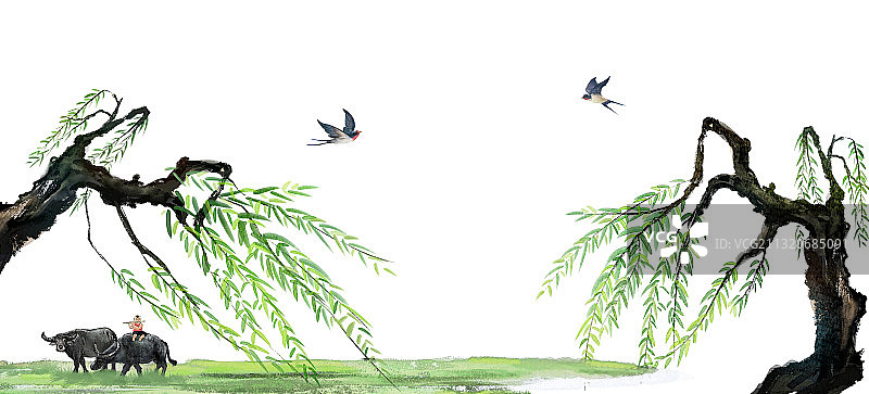 春天柳树下的放牛娃水墨插画背景图片素材