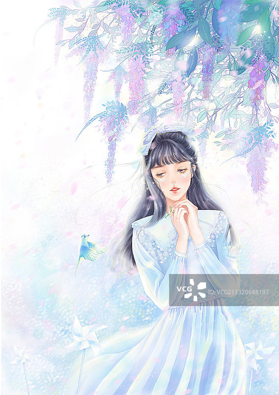 春天紫藤花祈祷少女与鸟儿图片素材