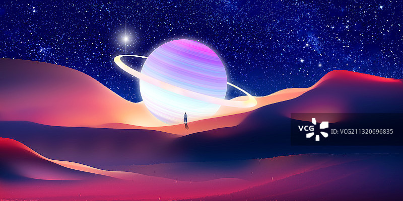 青年人在户外仰望这个发光的星球的插画图片素材