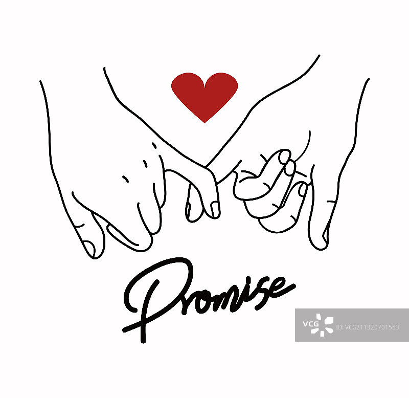 带红色爱心符号的拉钩钩小指轮廓图片素材