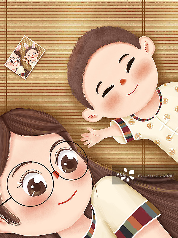 夏天母子竹席上自拍插画图片素材