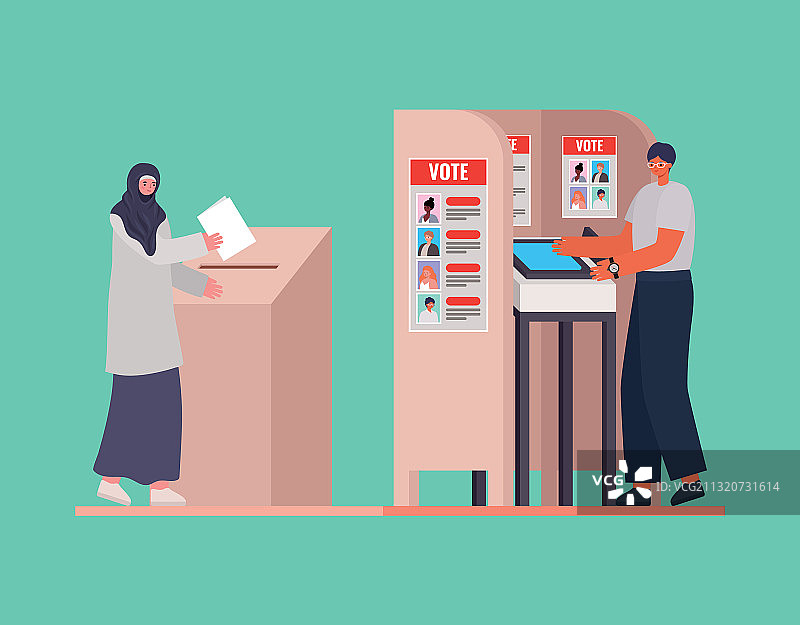 穆斯林男女与投票箱和投票站图片素材