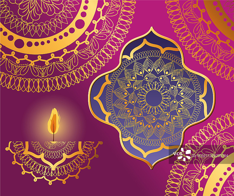 粉色背景的排灯节曼陀罗图案和蜡烛图片素材