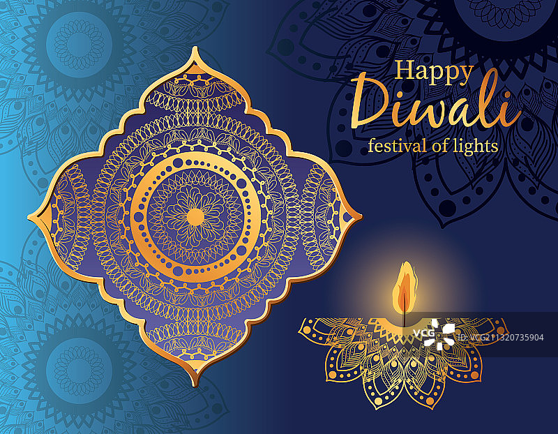 排灯节曼陀罗图案框架和蓝色蜡烛图片素材