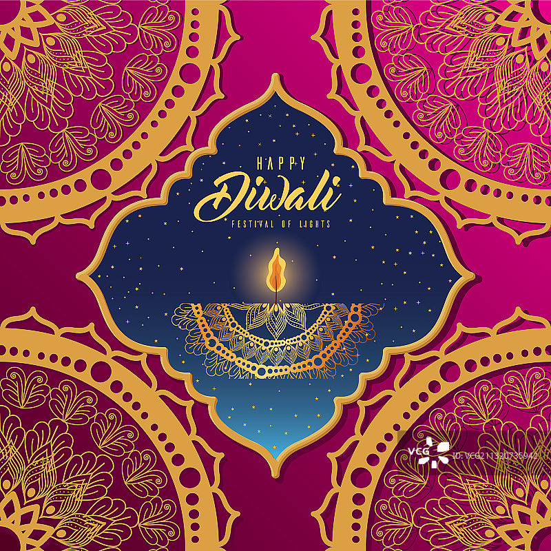 粉色曼陀罗图案背景上的排灯节蜡烛图片素材