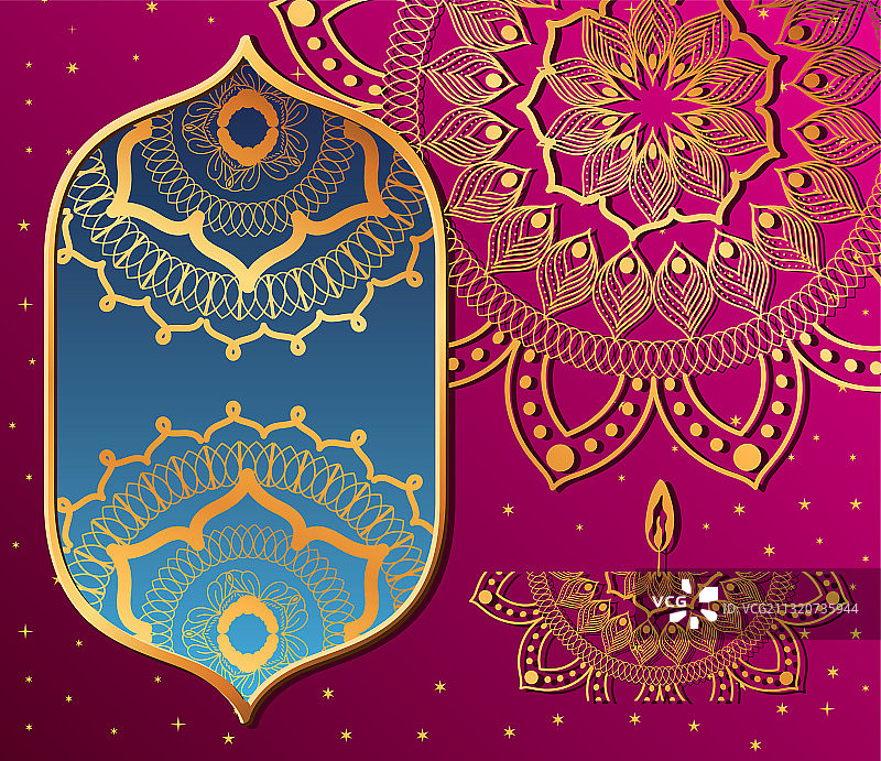 粉色背景的排灯节曼陀罗图案和蜡烛图片素材