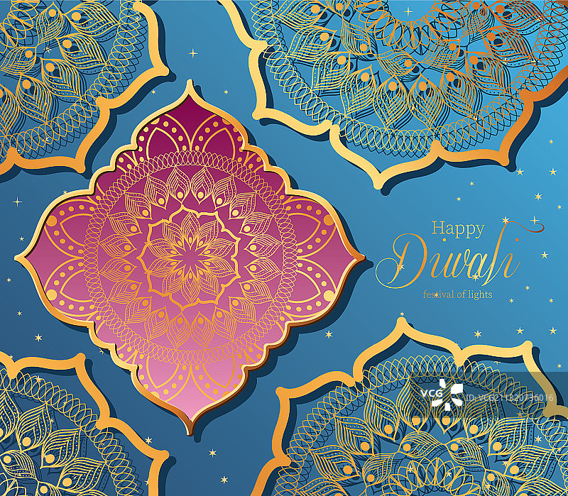 蓝色背景框架中的排灯节曼陀罗图片素材