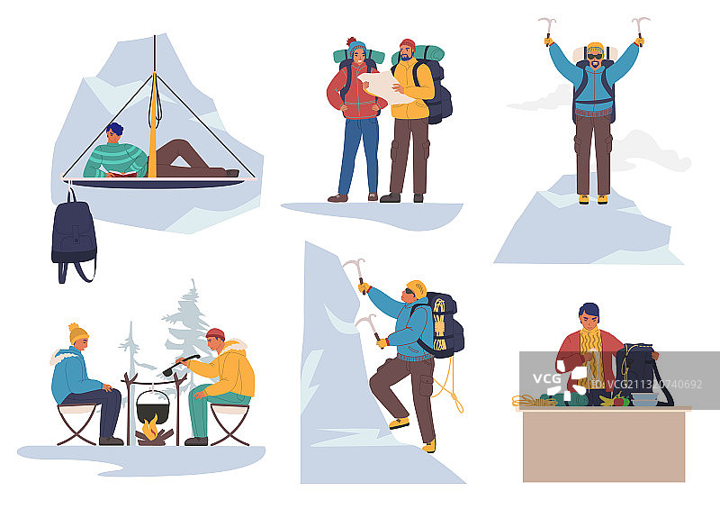 扁平风格登山者卡通人物集图片素材