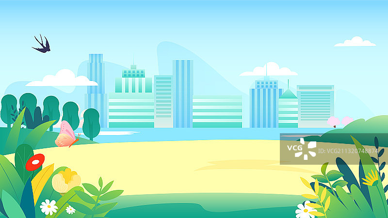 春天春分清明五一出行户外城市风景矢量插画横图图片素材