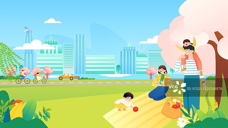 春天春分清明五一出行户外游玩矢量插画横图图片素材