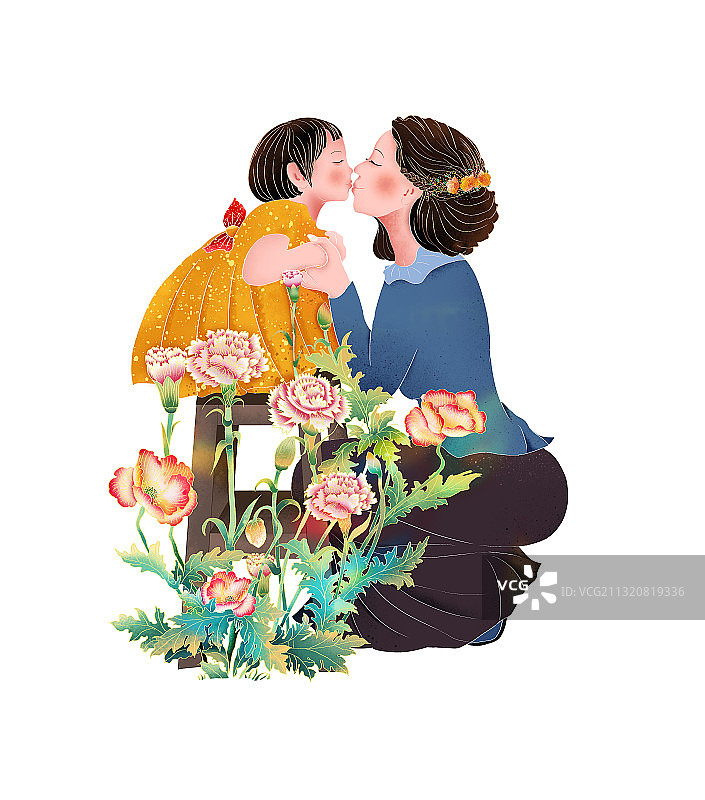 2021中国传统节日母亲节 花丛中亲吻的母女图片素材