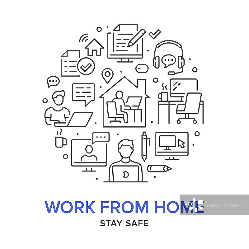 带线条图标的在家工作圆形海报图片素材