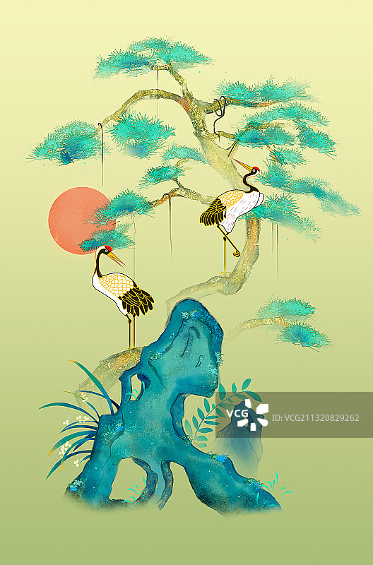 松鹤延年中国风插画图片素材