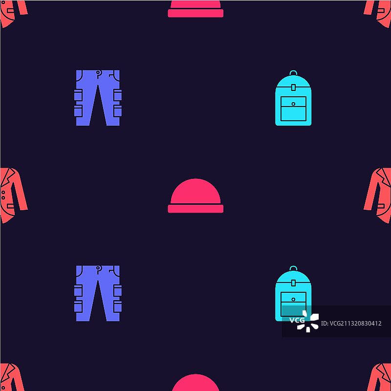 背包、工装裤、无檐小便帽和西装外套套装图片素材