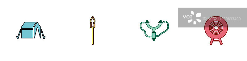 旅游帐篷、中世纪长矛、弹弓等元素组合图片素材