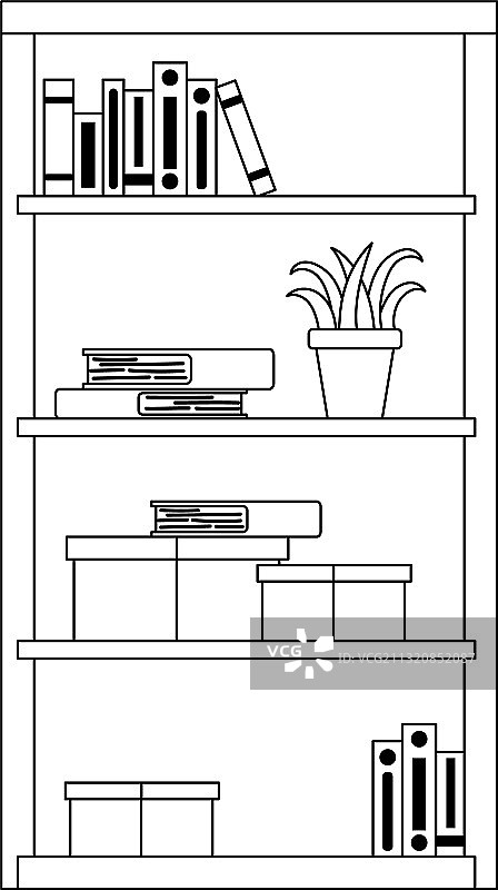 书柜内摆放书籍、文件夹与植物图片素材