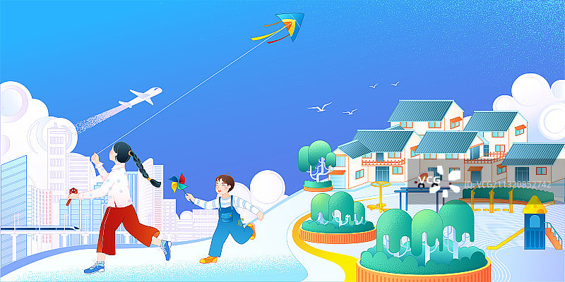 新农村城市农村房屋建筑白云蓝天儿童插画图片素材