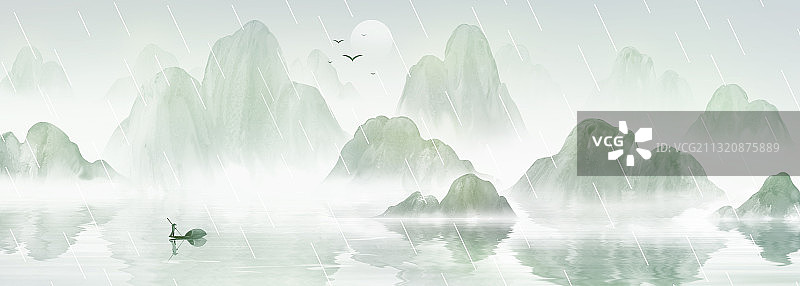 春天中国风水墨山水背景插画图片素材