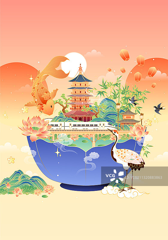 国潮风杭州建筑矢量插画图片素材