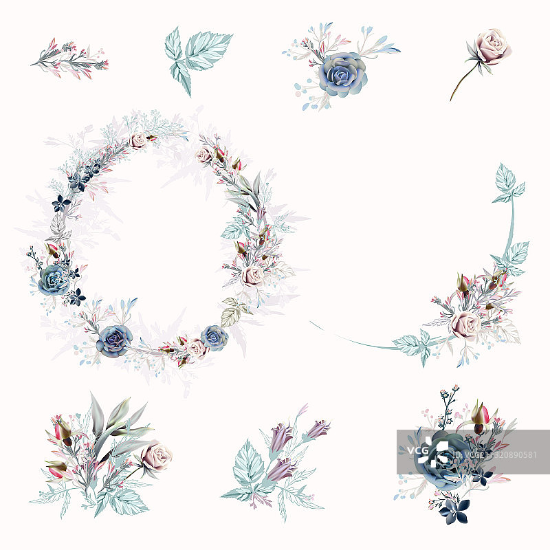 带玫瑰和多肉植物的婚礼花卉边框图片素材