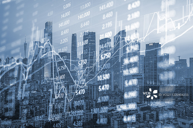 广州城市建筑景观和金融股市走势概念图片素材