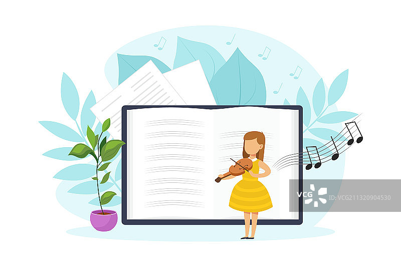 在音乐课上拉小提琴的可爱小女孩图片素材