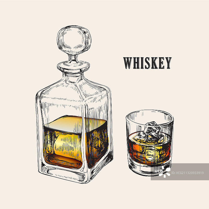 手绘威士忌酒瓶和酒杯图片素材