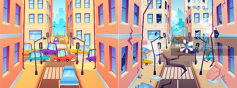 地震前后城市街道对比图片素材