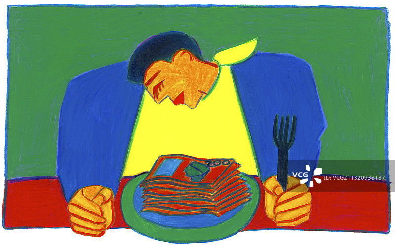 拿着叉子坐在装满钞票盘子前的男人插画图片素材